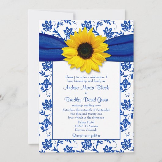 Royal Blue Damask Sunflower Wedding Invitation Kaart (Voorkant)