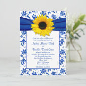 Royal Blue Damask Sunflower Wedding Invitation Kaart (Staand voorkant)