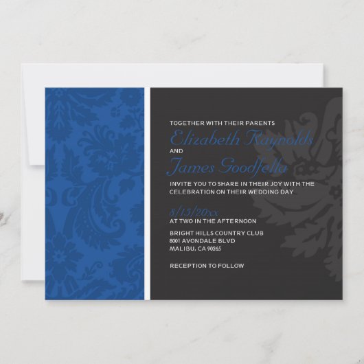 Royal Blue Damask Wedding Invitations Kaart (Voorkant)