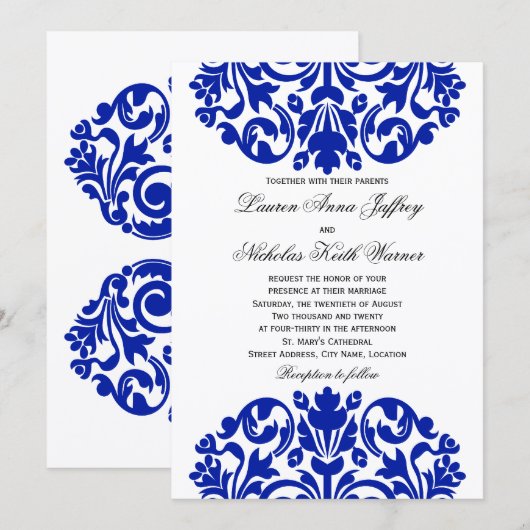 Royal Blue Damask Wedding Kaart (Voorkant / Achterkant)