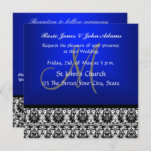 Royal Blue Damask Wedding Uitnodiging (Voorkant / Achterkant)