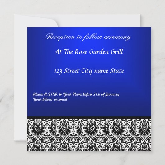 Royal Blue Damask Wedding Uitnodiging (Achterkant)