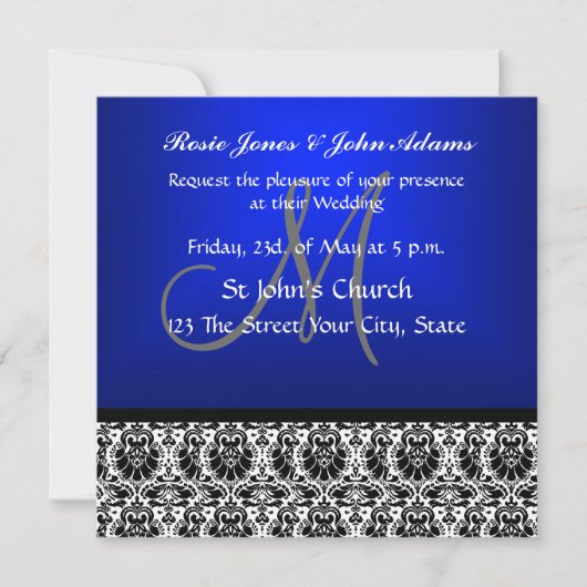 Royal Blue Damask Wedding Uitnodiging (Voorkant)