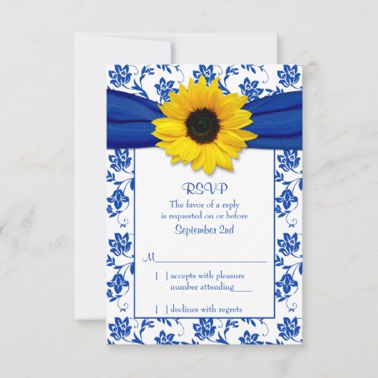 Royal Blue Damask Zonnebloem Bruiloft RSVP Kaart (Voorkant)