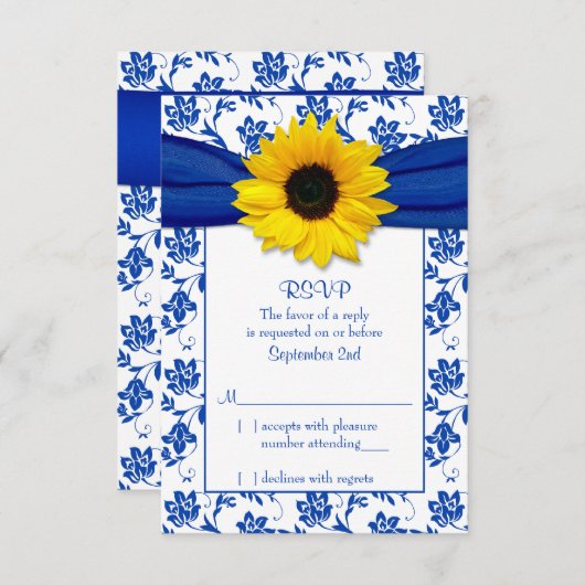 Royal Blue Damask Zonnebloem Bruiloft RSVP Kaart (Voorkant / Achterkant)