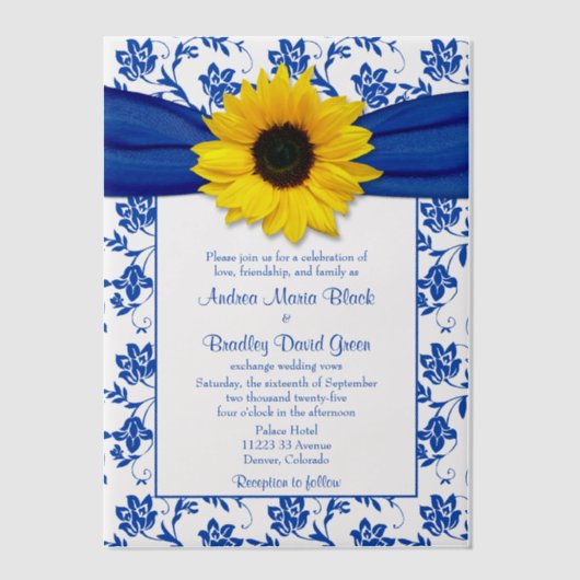 Royal Blue Damask Zonnebloem bruiloft Vellum Uitnodigingen (Voorkant)