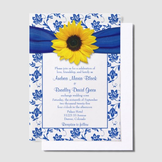 Royal Blue Damask Zonnebloem bruiloft Vellum Uitnodigingen (Offset)