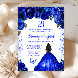 Royal Blue Dark Skin Prinses Verjaardagsfeest Kaart