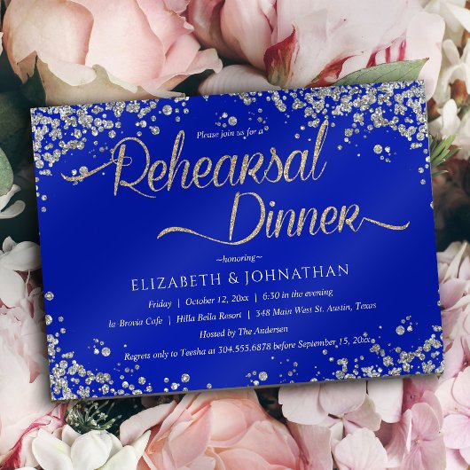 Royal Blue Diamanten Minimal Rehearsal Dinner Invi Kaart