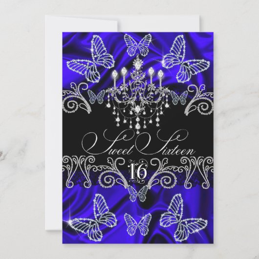Royal Blue Diamond Butterfly Sweet Sixteen Invite Kaart (Voorkant)