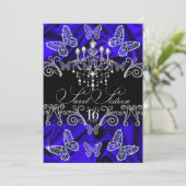 Royal Blue Diamond Butterfly Sweet Sixteen Invite Kaart (Staand voorkant)