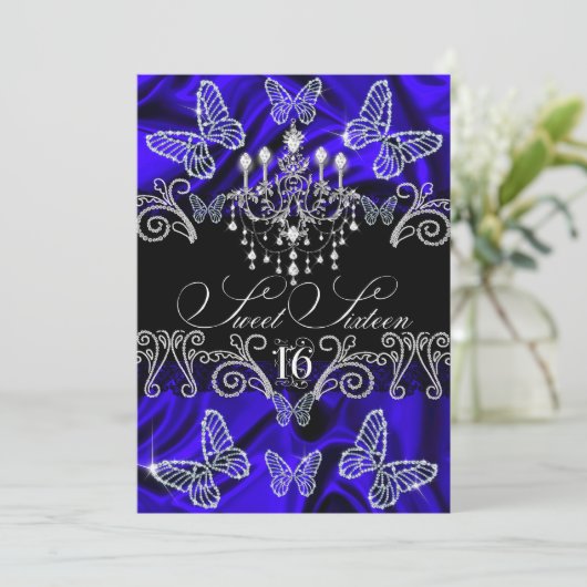 Royal Blue Diamond Butterfly Sweet Sixteen Invite Kaart (Staand voorkant)