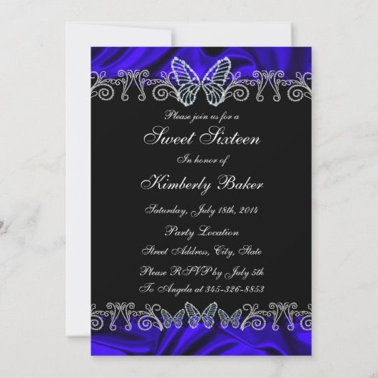 Royal Blue Diamond Butterfly Sweet Sixteen Invite Kaart (Achterkant)