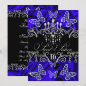 Royal Blue Diamond Butterfly Sweet Sixteen Invite Kaart (Voorkant / Achterkant)