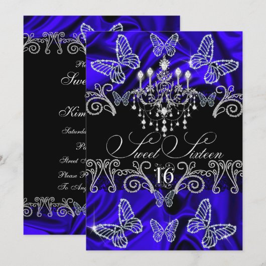 Royal Blue Diamond Butterfly Sweet Sixteen Invite Kaart (Voorkant / Achterkant)