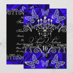 Royal Blue Diamond Butterfly Sweet Sixteen Invite Kaart