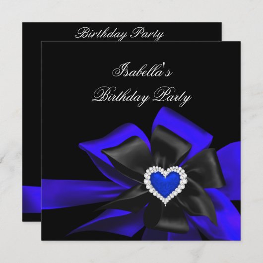 Royal Blue Diamond Heart Black Bow Birthday Party Kaart (Voorkant / Achterkant)