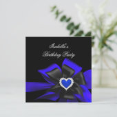 Royal Blue Diamond Heart Black Bow Birthday Party Kaart (Staand voorkant)