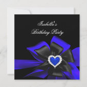 Royal Blue Diamond Heart Black Bow Birthday Party Kaart (Voorkant)