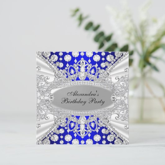 Royal Blue Diamond Jewel Birthday Party Invite Kaart (Staand voorkant)