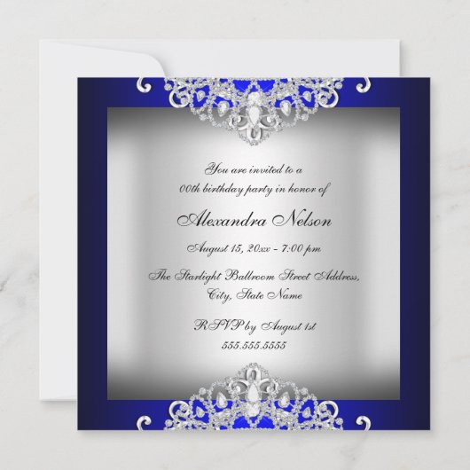 Royal Blue Diamond Jewel Birthday Party Invite Kaart (Achterkant)