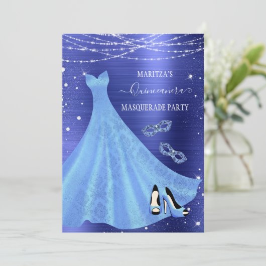 Royal Blue Diamond Masquerade Quinceañera Kaart (Staand voorkant)