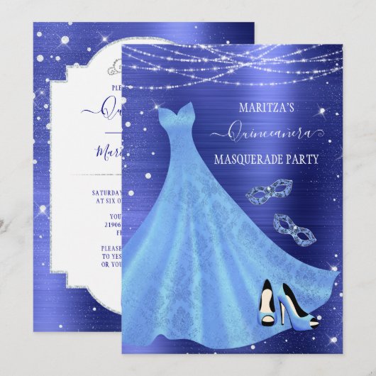 Royal Blue Diamond Masquerade Quinceañera Kaart (Voorkant / Achterkant)