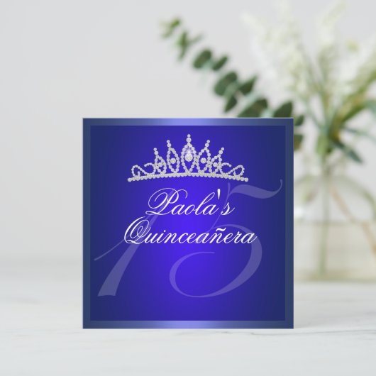 Royal Blue Diamond Quinceañera Tiara uitnodiging (Staand voorkant)