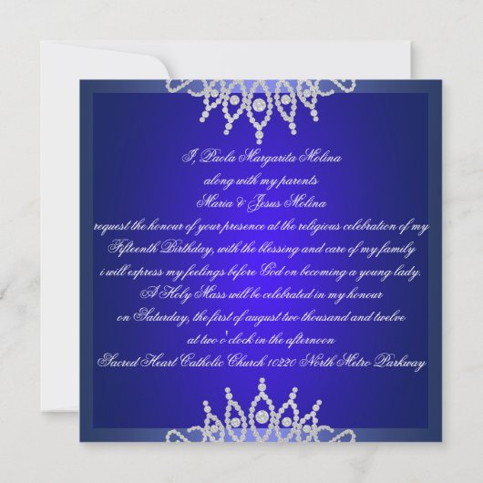 Royal Blue Diamond Quinceañera Tiara uitnodiging (Achterkant)