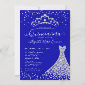 Royal Blue Diamond Sparkle Tiara Gown Quinceanera Kaart (Voorkant)