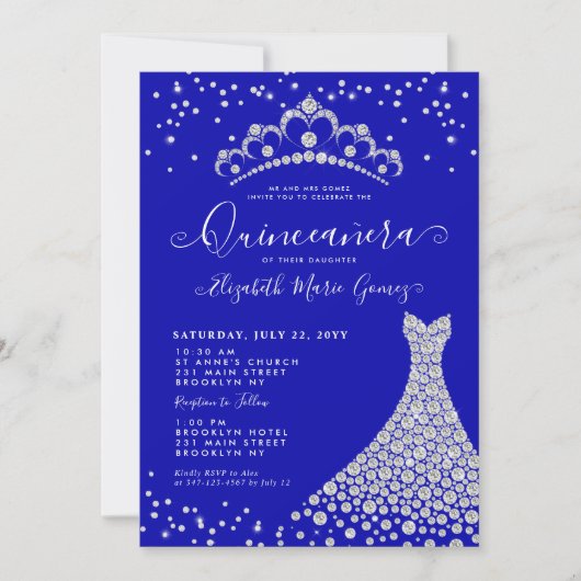 Royal Blue Diamond Sparkle Tiara Gown Quinceanera Kaart (Voorkant)