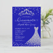 Royal Blue Diamond Sparkle Tiara Gown Quinceanera Kaart (Staand voorkant)