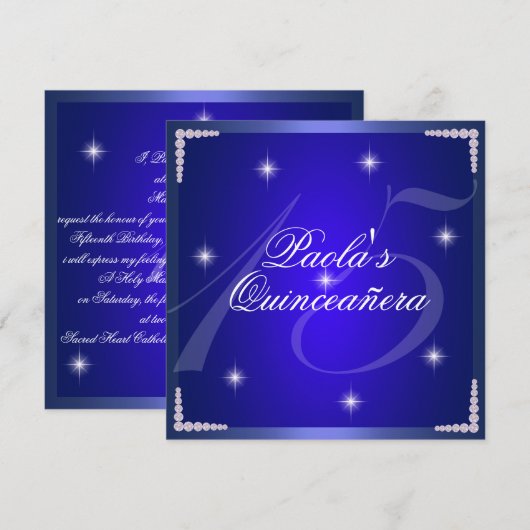 Royal Blue Diamond Sparkles Quinceañera uitnodigin Kaart (Voorkant / Achterkant)