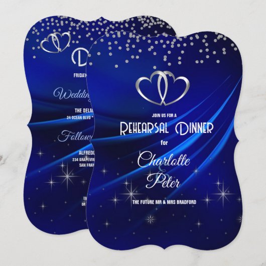 Royal Blue Diamonds & Hearts Rehearsal Dinner Kaart (Voorkant / Achterkant)