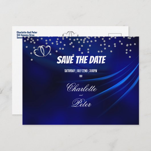 Royal Blue Diamonds & Hearts Save the Date Kaart (Voorkant / Achterkant)