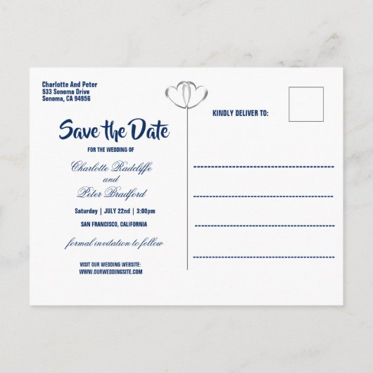 Royal Blue Diamonds & Hearts Save the Date Kaart (Achterkant)