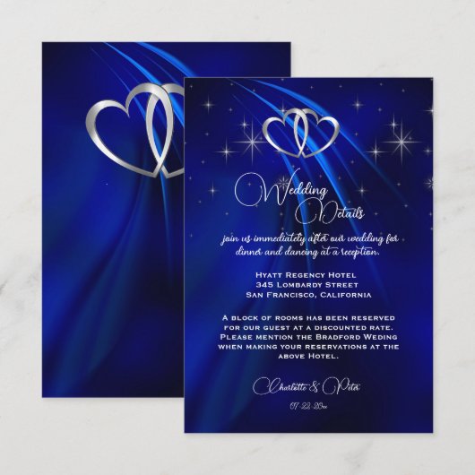Royal Blue, Diamonds & Hearts Wedding Informatiekaartje (Voorkant / Achterkant)