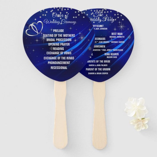 Royal Blue Diamonds & Hearts Wedding Program Fan Handwaaier (Voorkant en achterkant)
