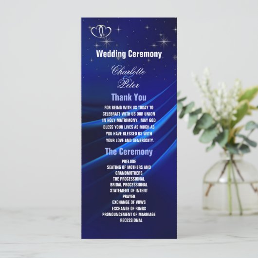 Royal Blue Diamonds / Hearts Wedding Program Kaart (Staand voorkant)
