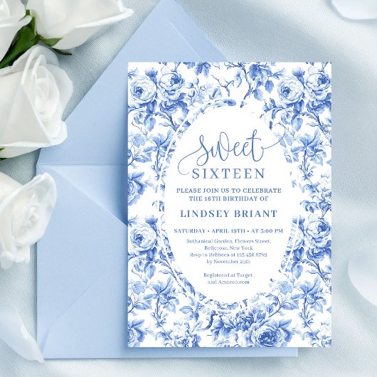 Royal Blue Digital Floral 16th Birthday Invite Kaart