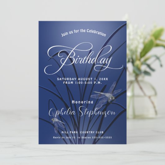 Royal Blue Dragonfly Birthday Kaart (Staand voorkant)