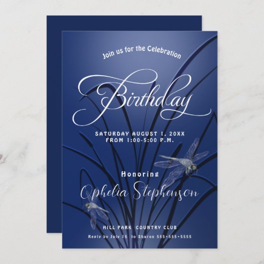 Royal Blue Dragonfly Birthday Kaart (Voorkant / Achterkant)