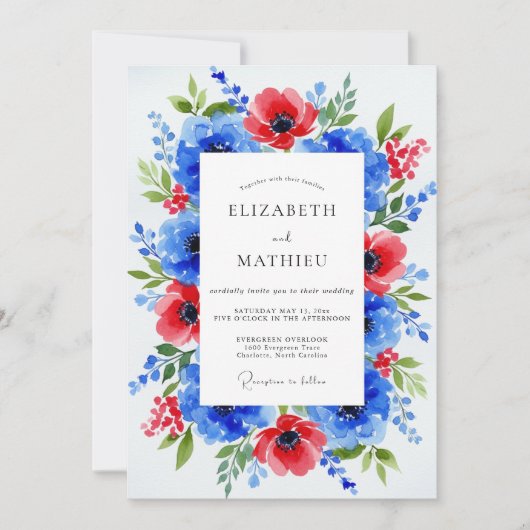 Royal Blue Dramatic Botanical Wedding Kaart (Voorkant)