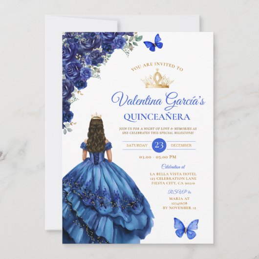 Royal Blue Dress Quinceañera 15 Anos Flowers Gold Kaart (Voorkant)