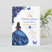 Royal Blue Dress Quinceañera 15 Anos Flowers Gold Kaart (Staand voorkant)