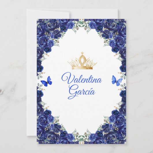 Royal Blue Dress Quinceañera 15 Anos Flowers Gold Kaart (Achterkant)