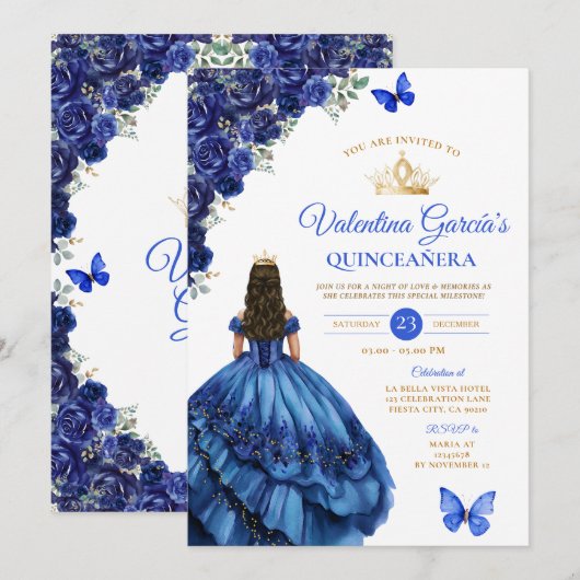 Royal Blue Dress Quinceañera 15 Anos Flowers Gold Kaart (Voorkant / Achterkant)
