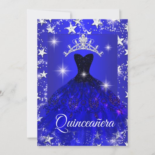 Royal Blue Dress Sparkle Tiara Stars Quinceanera Kaart (Voorkant)