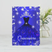 Royal Blue Dress Sparkle Tiara Stars Quinceanera Kaart (Staand voorkant)