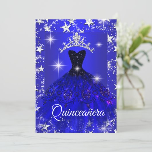 Royal Blue Dress Sparkle Tiara Stars Quinceanera Kaart (Staand voorkant)
